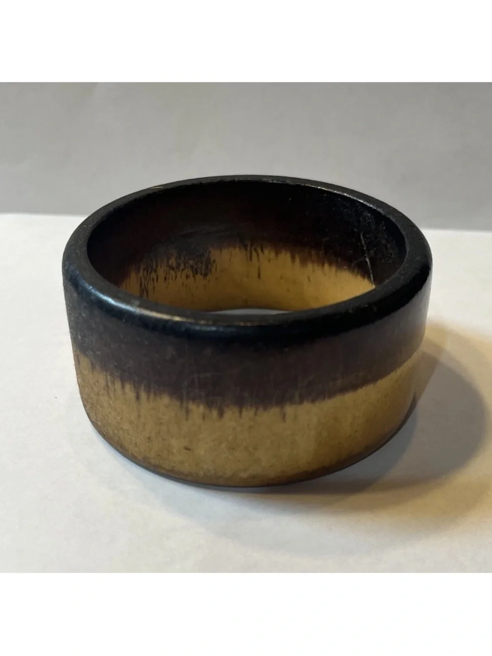 Vintage Two-Tone Wide Wooden Bangle Bracelet Black & Natural 7.8” 2.5 diameter